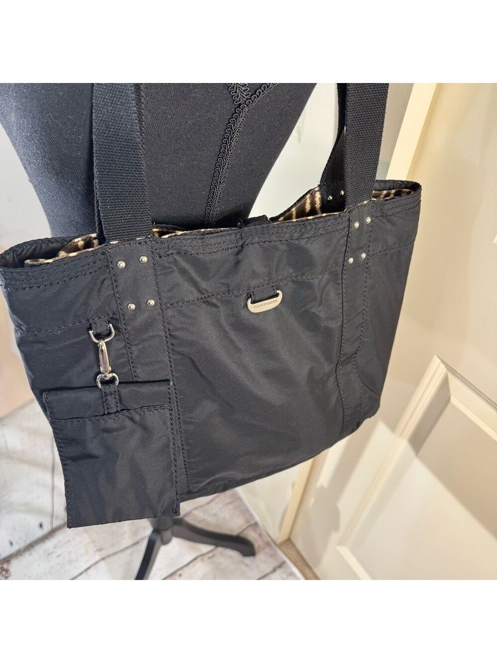 Franco Sarto Reversible Black Nylon Tote with Zebra-Print Cotton Canvas Lining